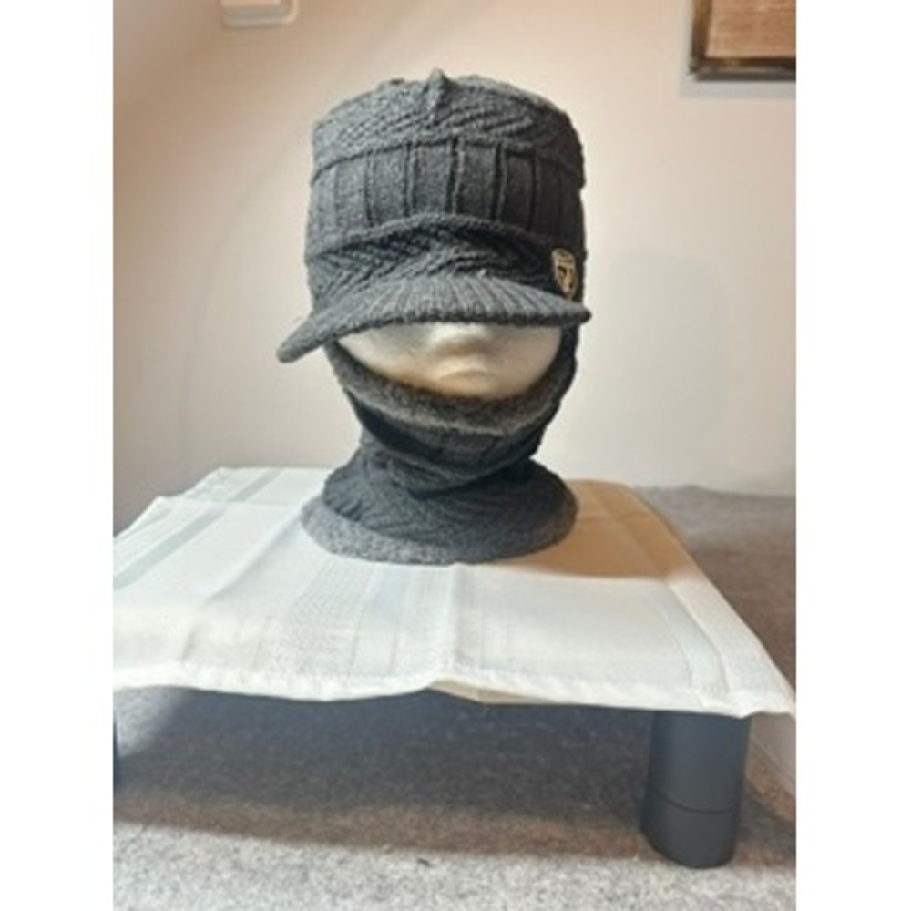 WXT Fashion Grey Knit Balaclava Beanie with Visor Faux Fur Lined Neck Warmer